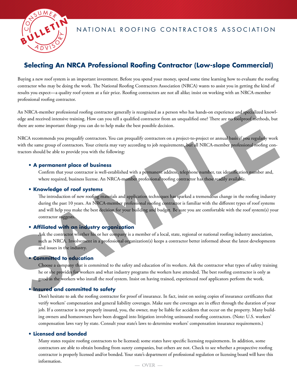 Consumer Advisory Bulletin, Issue 3—Selecting An NRCA Professional Roofing Contractor (Low-slope Commercial) (100 copies)